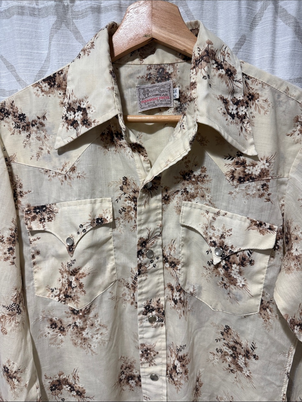 Vintage H Bar C Western Floral Button-Up Shirt - Cream with Brown Floral 15/32